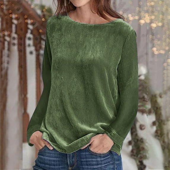 JURANMO Vintage Velvet Top for Women Elegant,2024 Trendy Women's Classic Long Sleeve Round-Neck Solid Color Casual Loose Cozy Velours TShirt Lightweight Blouses Pullover Shirts
