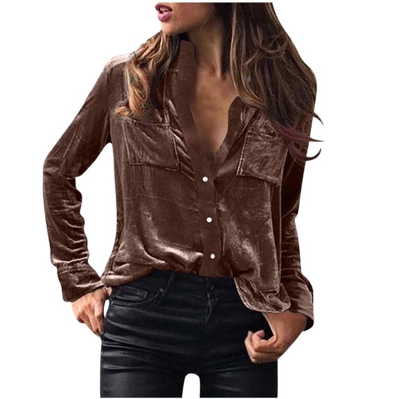 JURANMO Vintage Velvet Top for Women,Women's 2024 Classic Long Sleeved Mid-Length Shirt Trendy Solid Color Button Down Velours Blouses Casual Loose Lapel Collar Cozy Tops Tshirts