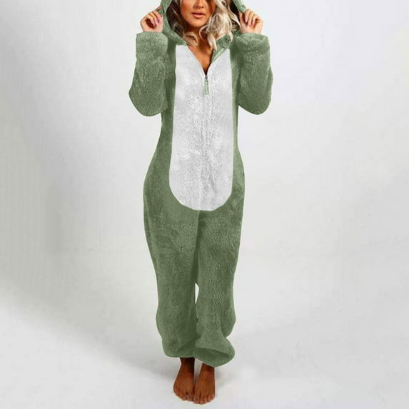 JURANMO Warm Hooded Jumpsuit Sleepwear for Women,2024 Winter Womens Trendy Color Block Patchwork Full Zip Jumpsuit Pajamas with Two Cute Ears Casual Long Sleeve Plus Size Solid Color Rompe Sleepwear