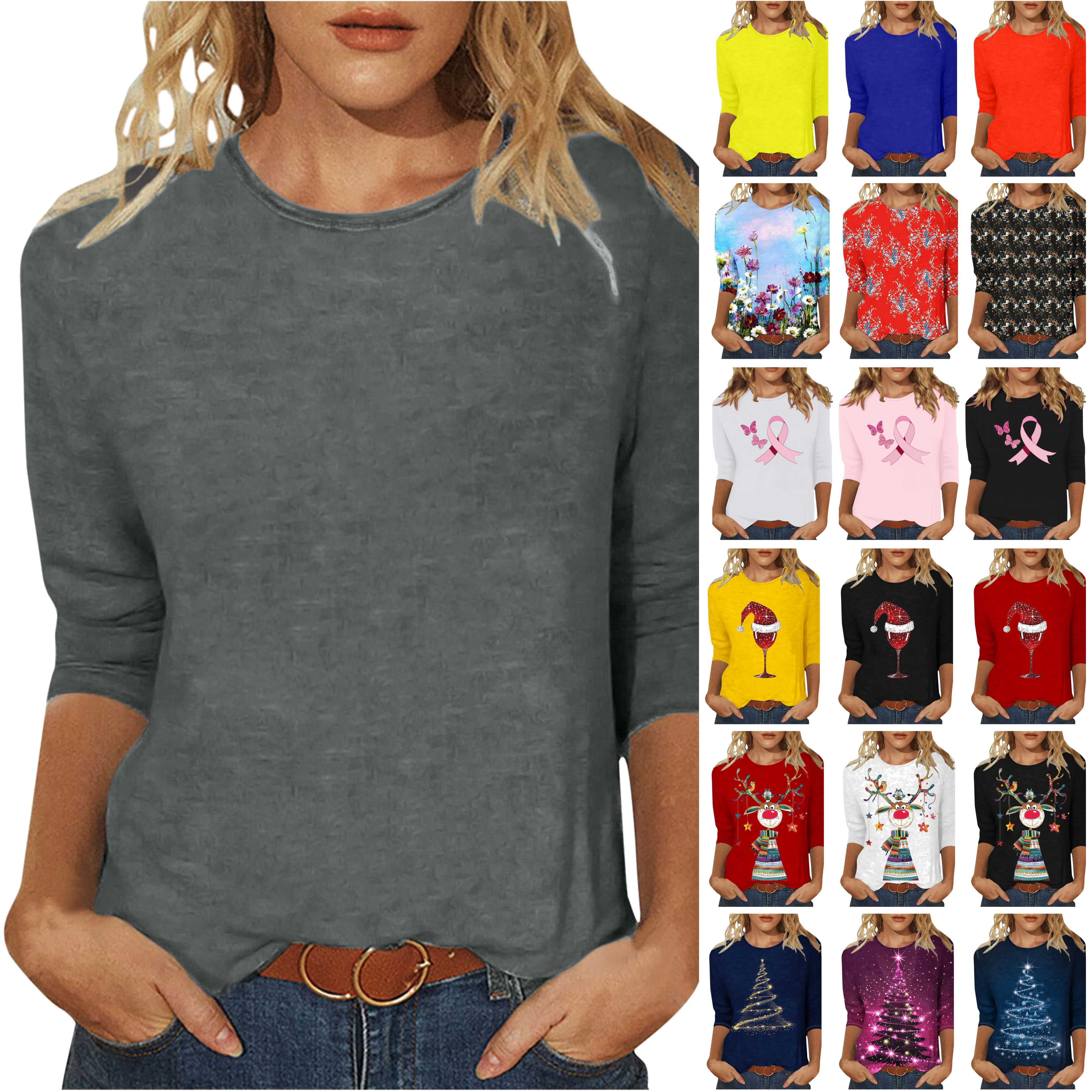 JURANMO Weekly Deals Womens 3/4 Sleeve Tops Solid Color Round Neck ...