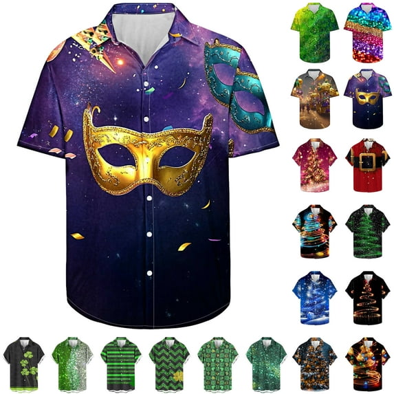 JURANMO Weekly Sale Mens Casual Button Down Lapel Hawaiian Shirts Novelty Mardi Gras Print Short Sleeve Tee Tops 2025 Carnival Outfits Multicolor XL