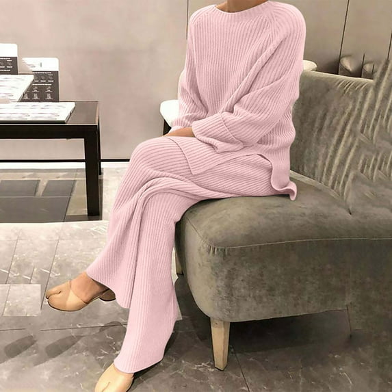 JURANMO Women 2 Piece Outfits Knit Lounge Sets,Women's Classic Long Sleeved Round Neck Sweaters Trendy Solid Color Knitted Casual Two-piece Sweater Pullover Top/shirt Set
