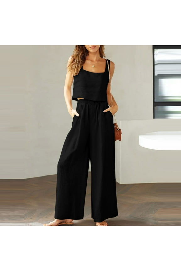 Women 2 Piece Outfits Lounge Matching Sets Linen Crop Top Wide Leg Pants Tracksuits with Pockets 2024 Fashion Clothes