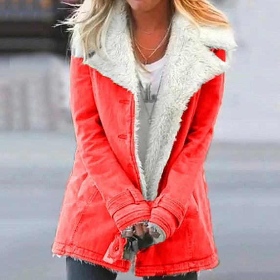 JURANMO Women Coats Winter Clearance Under 30,Womens 2024 Fall Warm Composite Plush Lined Jackets Trendy Button Down Lapel Collar Outwears Classic Long Sleeve Solid Color Coat with Pockets
