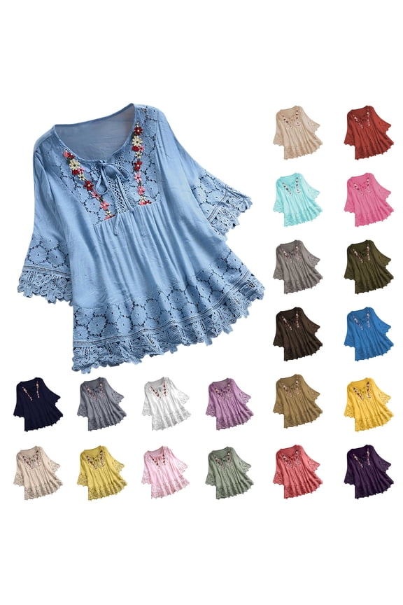 Women Cotton Linen Lace Embroidery 3/4 Sleeve Blouse Shirt Strap Up Patchwork Boho T-Shirt Summer Loose Tops Pink XL Sale of The Day