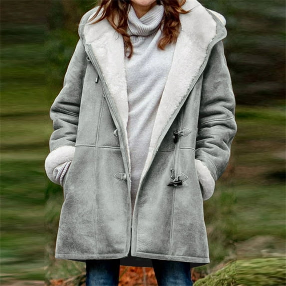 JURANMO Women Fleece Lined Coats Mid Length,2024 Winter Women's Classic Long Sleeve Solid Color Suede Leather Horn Buttons Outwear Jackets with Pockets Trendy Hooded Coats Casual Loose Warm Coat