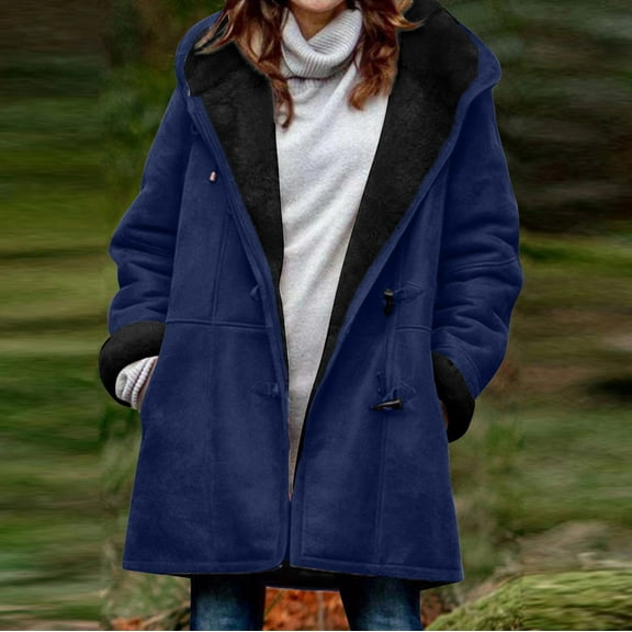 JURANMO Women Fleece Lined Jackets Clearance Sale,2024 Winter Women's Classic Long Sleeve Vintage Solid Color Outwear Suede Leather Horn Buttons Jacket with Pockets Hooded Coats Casual Warm Plush Coat