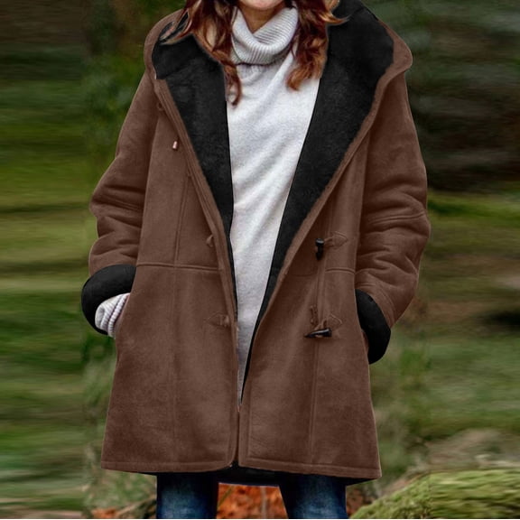 JURANMO Women Fleece Lined Jackets Clearance Sale,2024 Winter Women's Classic Long Sleeve Vintage Solid Color Outwear Suede Leather Horn Buttons Jacket with Pockets Hooded Coats Casual Warm Plush Coat