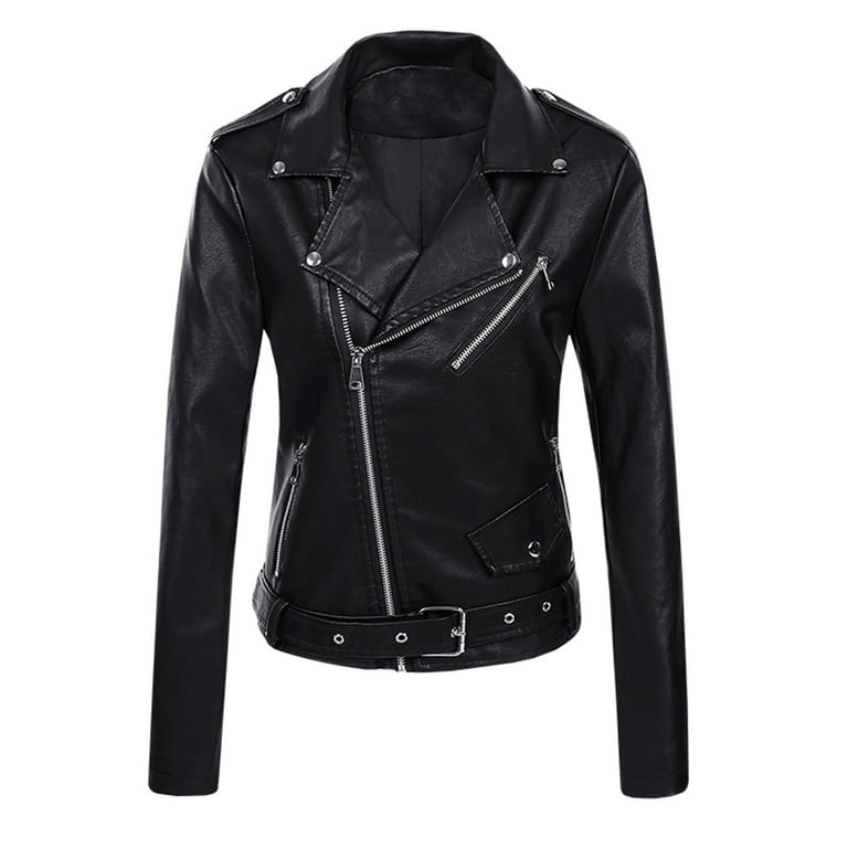 Faux Leather Jacket for Women Cropped Coat Lapel Zip Up Outwear Pockets  Motorcycle Jackets Fleece Pleated Overcoat