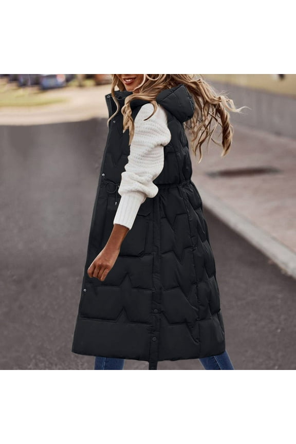 Women Long Puffer Vest Down Quilted Lightweight,2024 Fall Winter Women Warm Pockets Sleeveless Vests Long Jacket Down Parkas Jackets Classic Solid Color Trendy Button Coats with Hood
