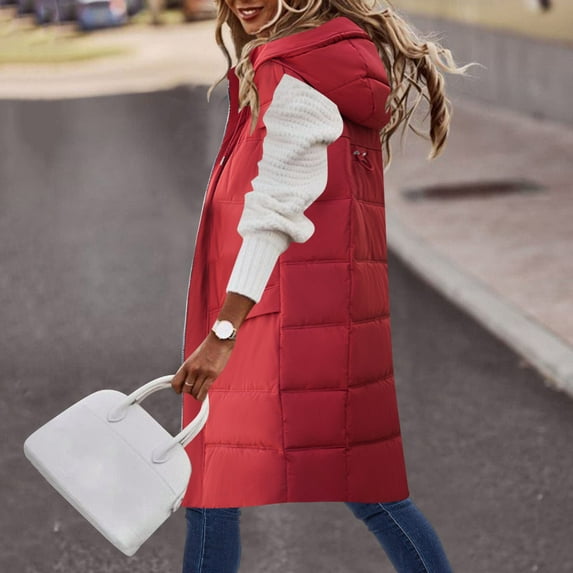 JURANMO Women Long Puffer Vest Down Quilted Lightweight,2024 Winter Women Soft Warm Pockets Sleeveless Vests Long Jacket Down Parkas Jackets Solid Color Trendy Adjustable Drawstring Coats with Hooded