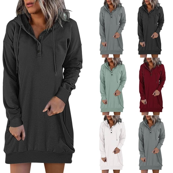 JURANMO Women Loose Fit Hooded Dress Button Up Long Sleeve Casual Sweatshirts Mini Dresses Drawstring Hoodie Pullover ZB-White XL