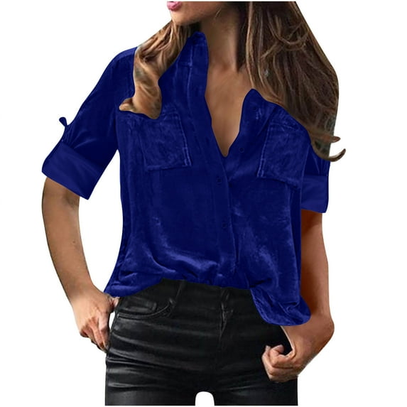 JURANMO Women Retro V-Neck Velvet Work Plain Button Down Shirts,Women's Ladies 2024 Trendy Turndown Neck Loose Velours Tops Casual Soild Color T-Shirts Long Sleeve Blouses with Pocket