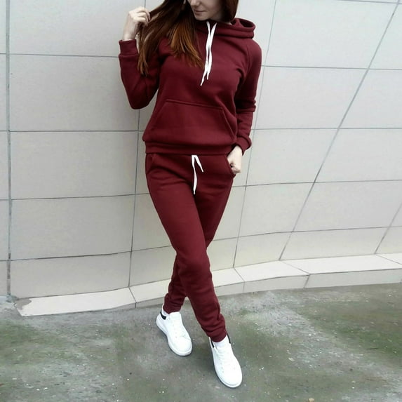 JURANMO Women's 2 Piece Hoodie Tracksuit Outfits,2024 Winter Two Piece Trendy Solid Color Classic Long Sleeve Round Neck Drawstring Sweatsuit with Drawstring Pants Casual Loose Pockets Pullover Set