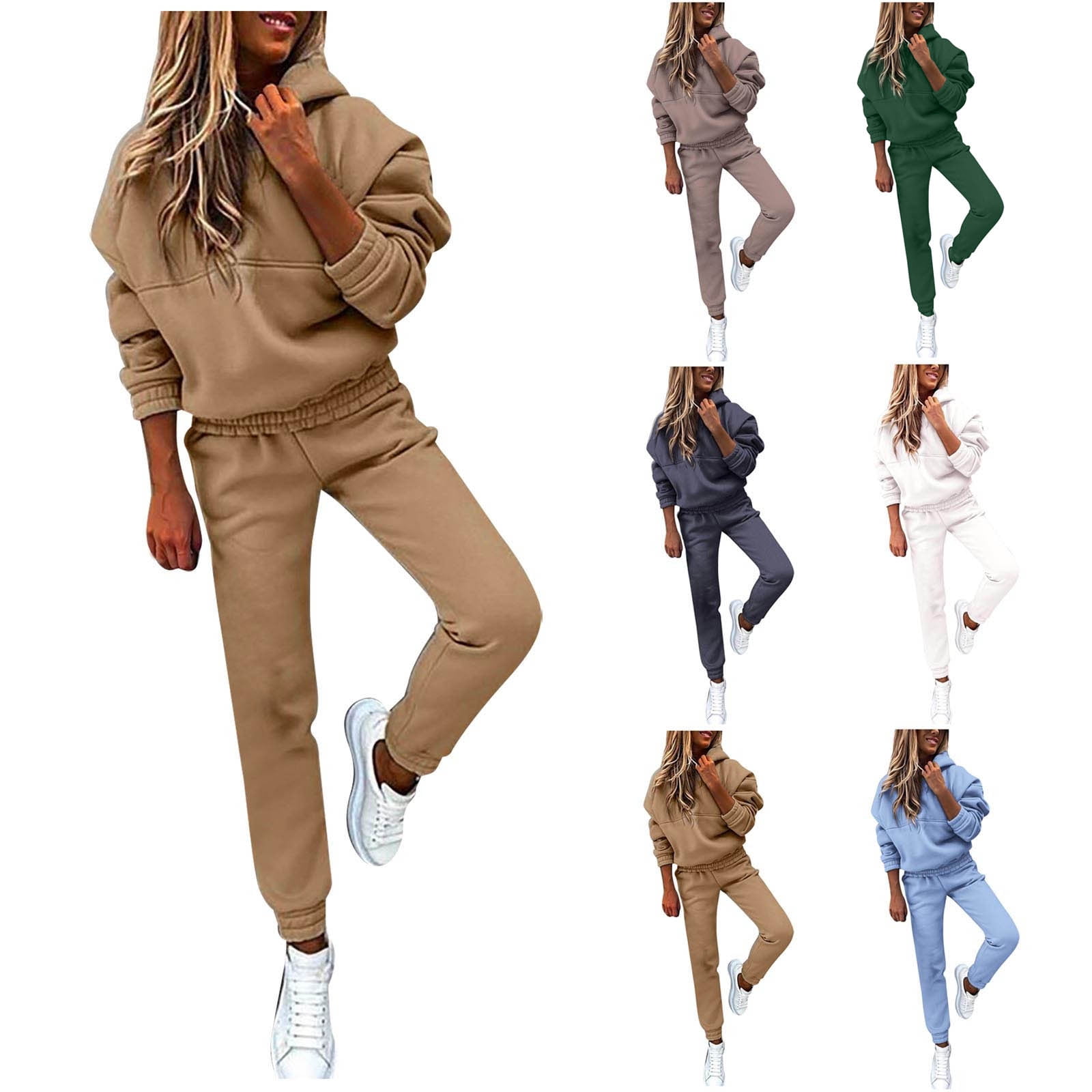 JURANMO Women s 2 Piece Sweatsuit Sets Solid Color Loose Fit Tracksuit Casual Hoodie and Elastic