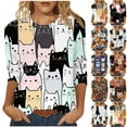 thumbnail image 1 of JURANMO Women's 2025 Summer Tops Cute Print Cats Graphic Tees Shirt Casual Crewneck 3/4 Sleeve Pullover Blouses Going Out Outfits Today's Lightning Sales Black L, 1 of 6