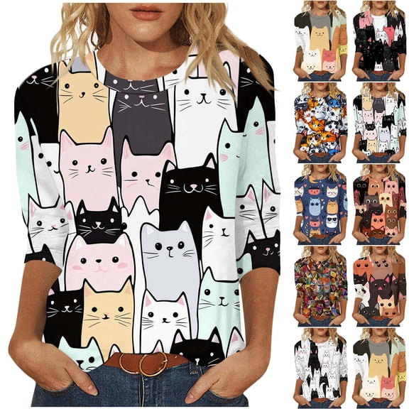 JURANMO Women's 3/4 Sleeve Tops Fashion Cute Cats Print Blouses Funny Graphic Tees Shirt Casual Crewneck Comfy T-Shirt Vacation Beach Outfits Fall Savings Blue S