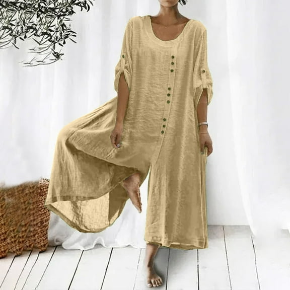 JURANMO Women's Baggy Plus Size Cotton Linen Jumpsuits,2024 Fall Winter Women Casual Solid Color Trendy Button Down Half Sleeve Suit Classic Round Neck Romper Long Playsuit Wide Leg Jumpsuit