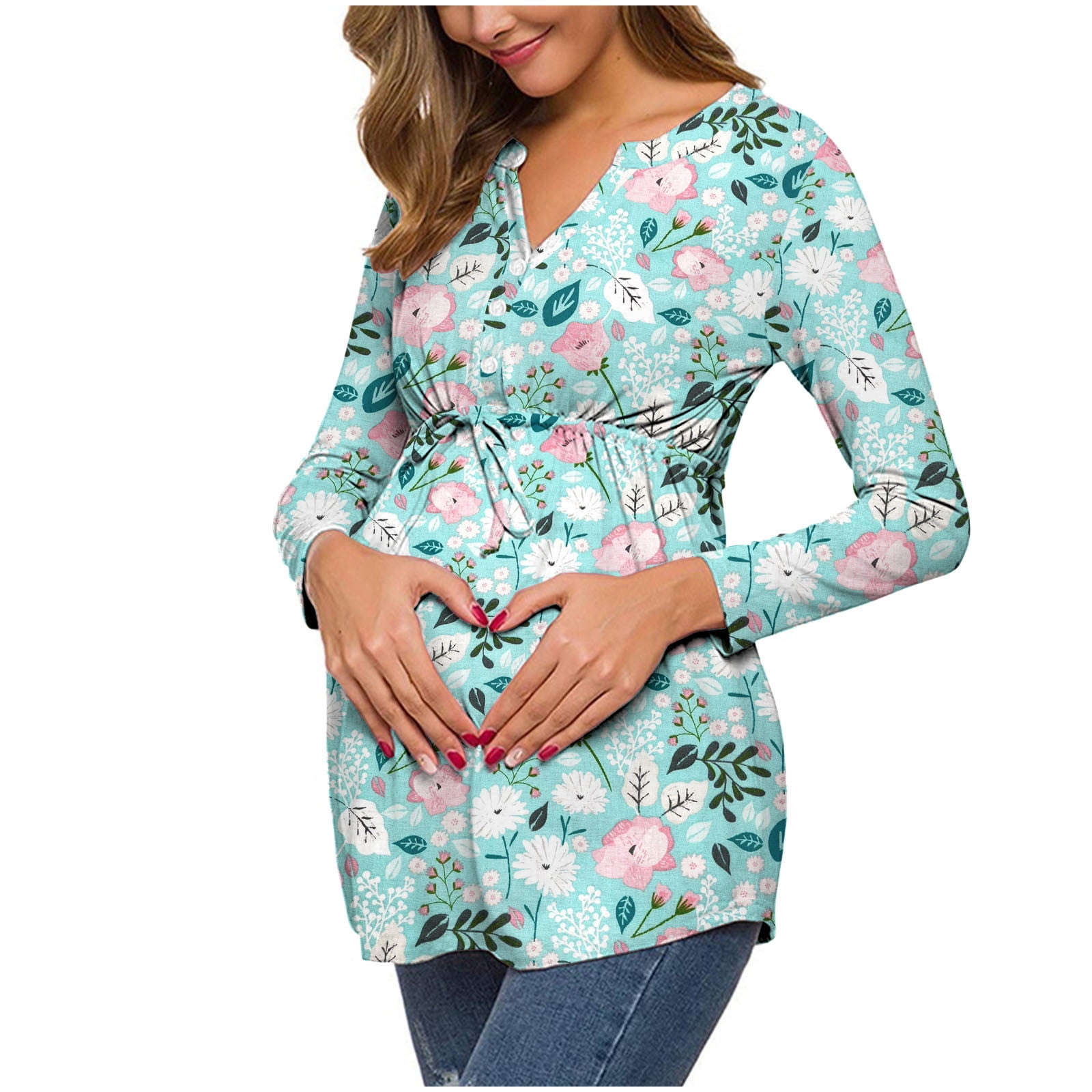 JURANMO Women's Boho Floral Print Breastfeeding Top V Neck Long Sleeve  Nursing Shirt Lightweight Slim Fit Double Layer Pregnancy Tees 