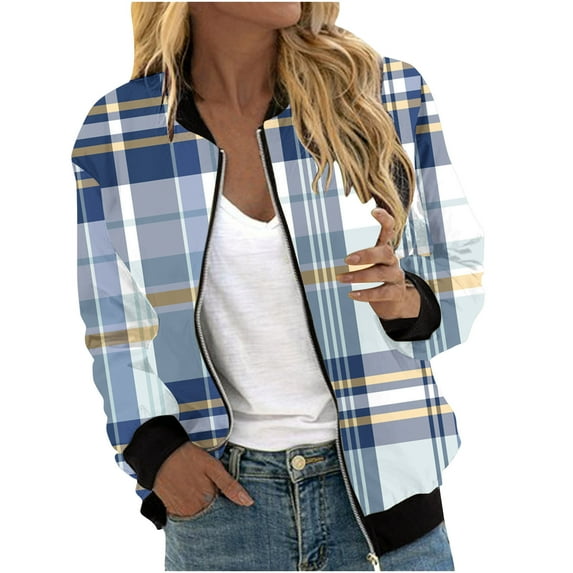 JURANMO Women's Bomber Jacket,Women's Casual Temperament Trendy Lapel Collar with Pockets Full Zipper Up Jackets Loose Plaid Print Long Sleeve Jacket Coat 2023 Fall Winter