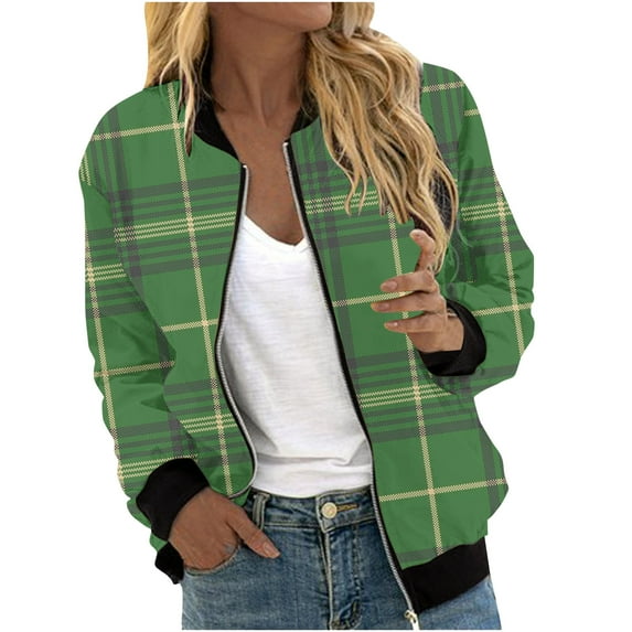JURANMO Women's Bomber Jacket,Women's Casual Temperament Trendy Lapel Collar with Pockets Full Zipper Up Jackets Loose Plaid Print Long Sleeve Jacket Coat 2023 Fall Winter