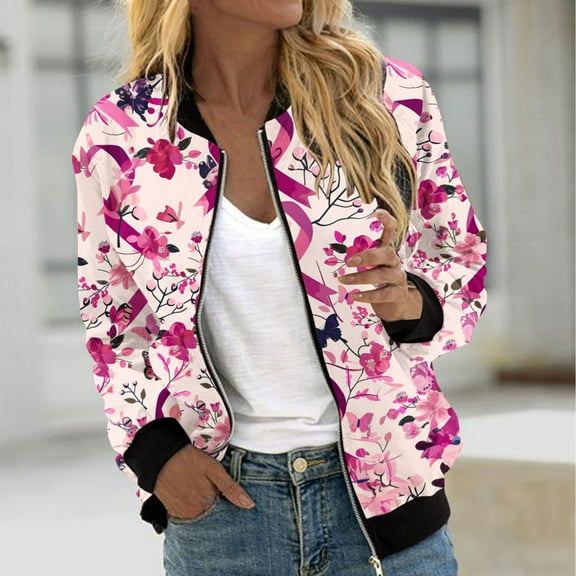 JURANMO Women's Casual Jacket Ribbon Graphic Long Sleeve Bomber Jackets Breast Cancer Survivors Gifts Outerwear Pink M