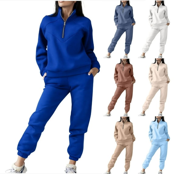 JURANMO Women's Casual Sweatsuits Quarter Zipper Turndown Collar Long Sleeve Sweatshirts and Jogger Pants Loose Fit Solid Fall Tracksuits 2 Piece Sets with Pockets Blue XL