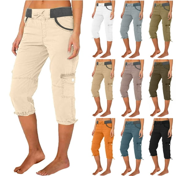 JURANMO Women's Cotton Capris Casual Elastic Waist Knee Length Cargo Shorts Summer Lightweight Hiking Cropped Pants with Multi Pockets Khaki L Prime Sales Today