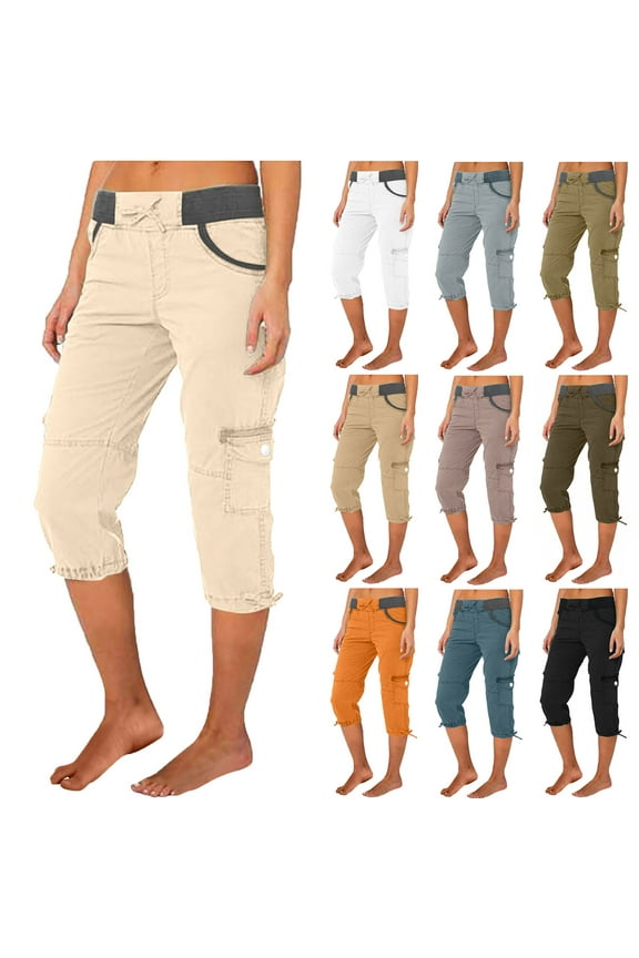 Women's Cotton Capris Casual Elastic Waist Knee Length Cargo Shorts Summer Lightweight Hiking Cropped Pants with Multi Pockets Orange M Lighten Sales of The Day