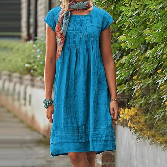 JURANMO Women's Cotton Linen Dresses 2024 Summer Fashion Pleated Front Midi Dress Casual Loose Fit Mid-length Dress Deals of the Day Z-Sky Blue#Plus Size XXL
