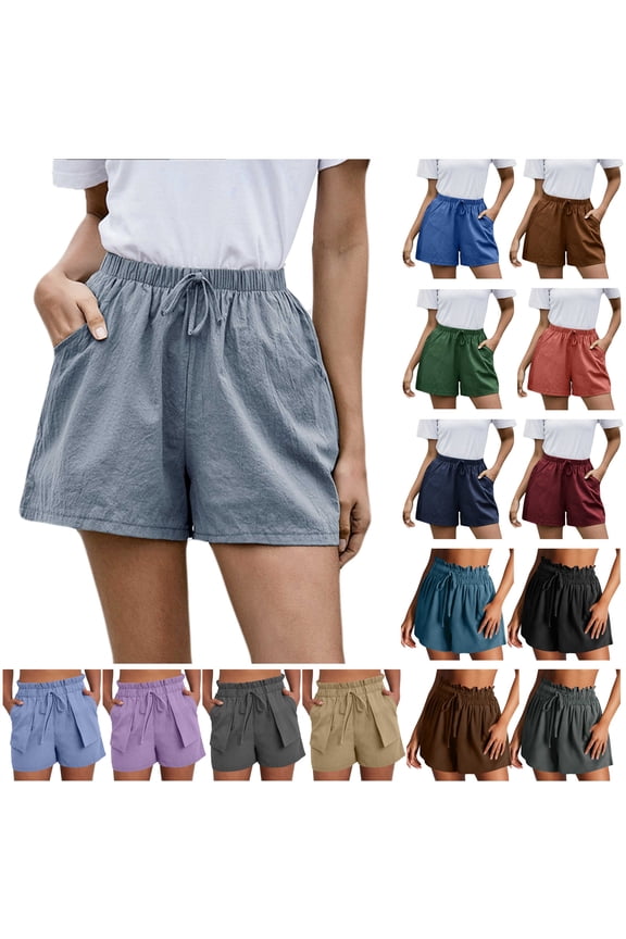 Women's Cotton Linen Shorts Casual Loose Drawstring Comfy Elastic Waist Shorts Summer Pull On Short with Pockets