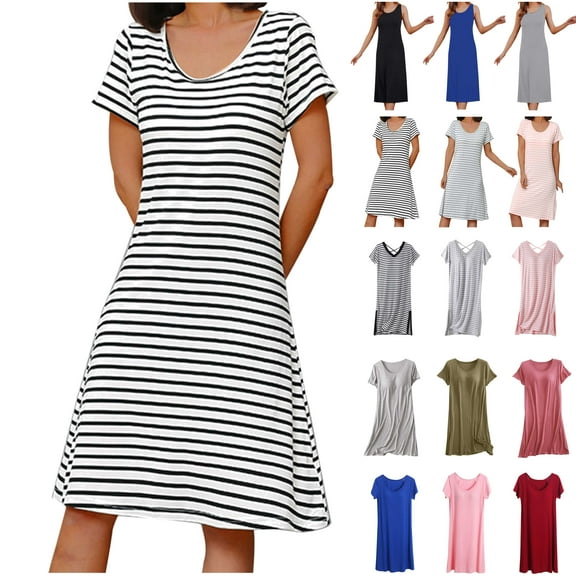 JURANMO Women's Cotton Nightdresses Short Sleeve Crewneck Mid-length Dress Striped Sleepwear Plus Size Loose Fit Loungewear with Built-in Bra Pads Gray XXL