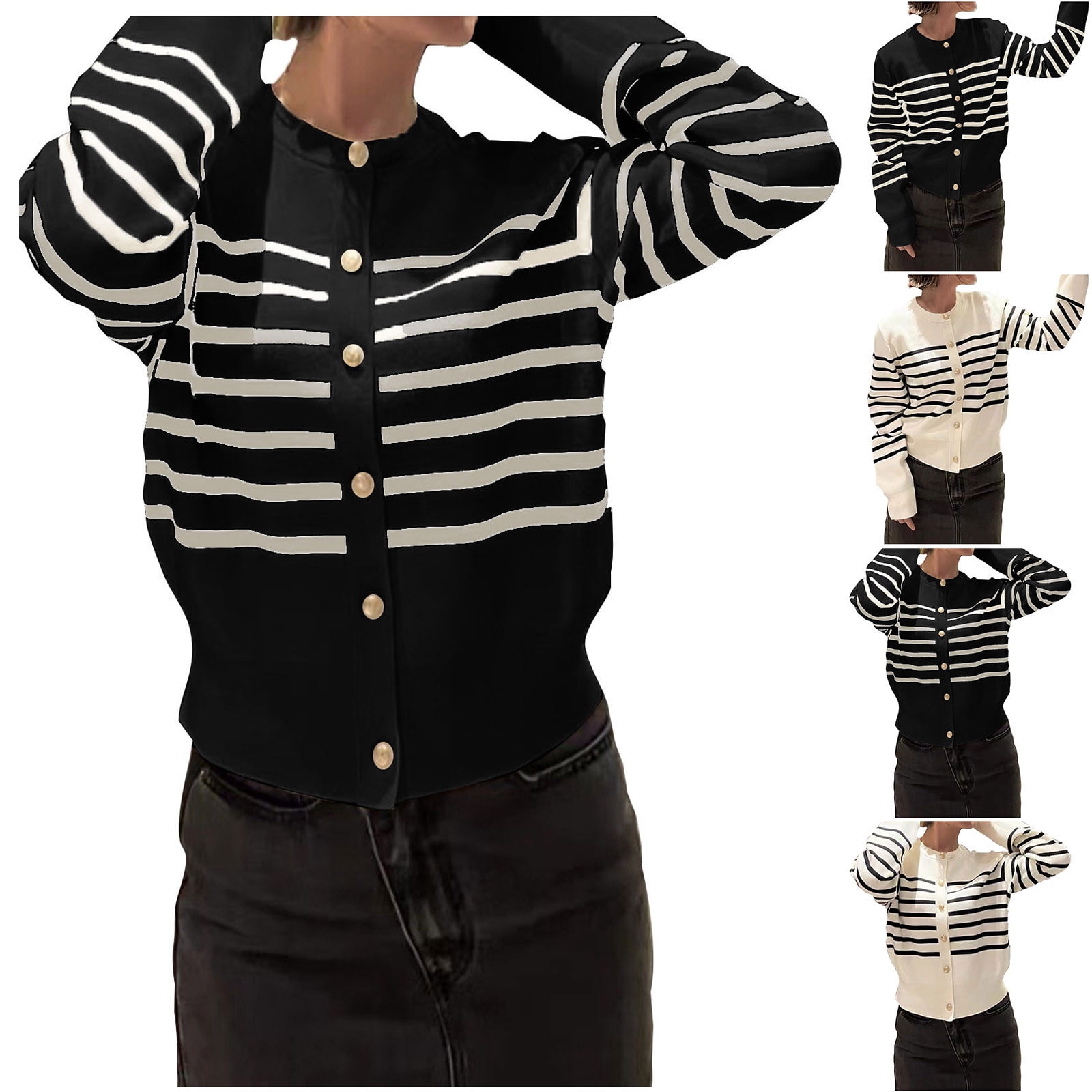Knit Sweater Striped Button Down Cardigan in Cream Navy