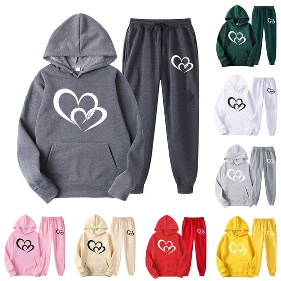 JURANMO Women's Gym Tracksuits Regular Fit Jogger Workout 2 Piece Outfits Heart Print Long Sleeve Sweatshirts and Sweatpants Sets with Pockets Green L