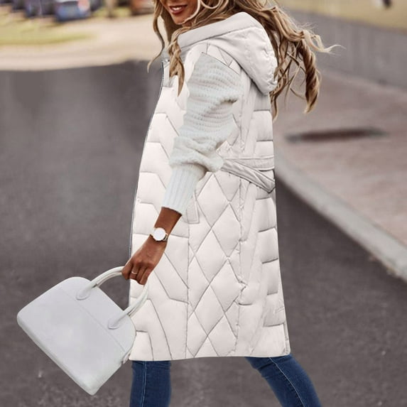 JURANMO Women's Hooded Long Down Vest Full-Zip Sleeveless Coats,2024 Winter Women Casual Solid Color Belt Vests Coats with Pockets Classic Warm Long Jacket Down Parkas Jackets Lightweight