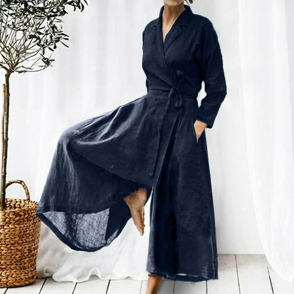 JURANMO Women's Jumpsuits Cotton Linen,2024 Fall Winter Women Casual Solid Color Long Sleeve Lapel Collar Suit Classic V Neck Cotton Linen Romper Long Playsuit Wide Leg Jumpsuit with Pockets and Belt