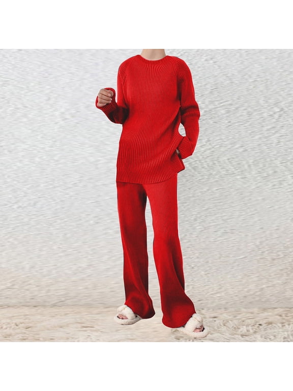 Women's Knit 2 Piece Outfits,Women Casual Trendy Fall and Winter Knitted Set Classic Round Neck Long Sleeve Tops and Pants Solid Color Lightweight Two Piece Sets