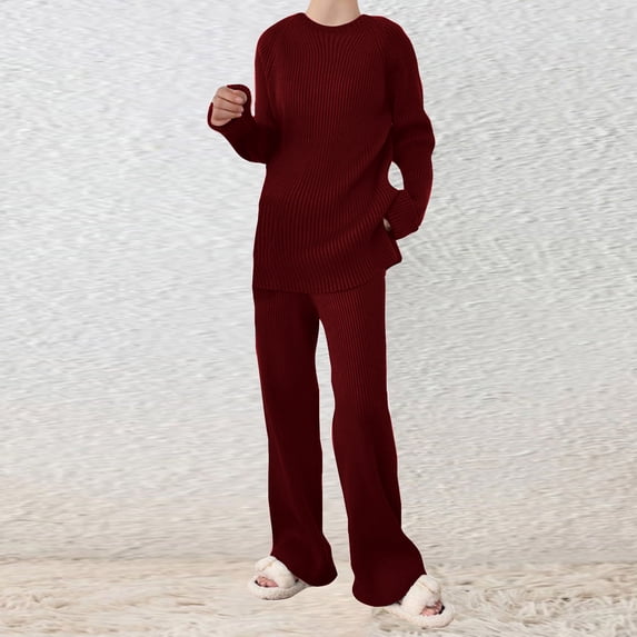 JURANMO Women's Knit 2 Piece Outfits,Women Casual Trendy Fall and Winter Knitted Set Classic Round Neck Long Sleeve Tops and Pants Solid Color Lightweight Two Piece Sets