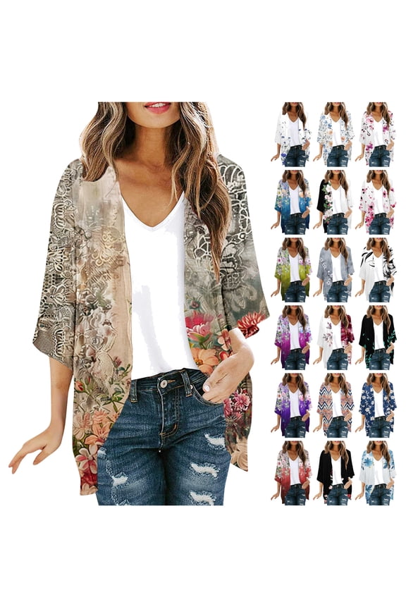 Women's Plus Size Summer Work Clothes Kimono 2025 Floral Print Puff Sleeve Cardigans Loose Cover Up Chiffon Cardigan Casual Blouse Tops Pink XXXL Back to College Sale