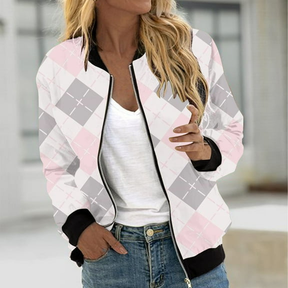 JURANMO Women's Quilted Bomber Jacket,Women's Casual Temperament Trendy Lapel Collar with Pockets Full Zipper Up Jackets Loose Plaid Print Long Sleeve Jacket Coat 2024 Fall