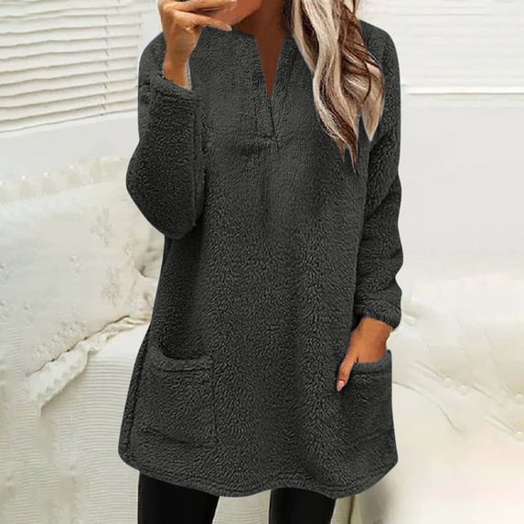 JURANMO Women's Sherpa Lined Sweatshirts,2024 Fall Winter Womens Casual Trendy Thickened Plush Thermal Underwear Loose Solid Color Classic Long Sleeve V Neck Pullover Tops with Pockets