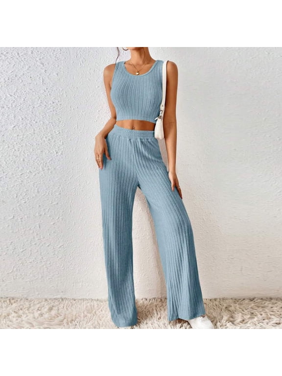 Women's Sweater Set Knitted Set,Women Trendy Solid Color Spring Casual Loose Knitted Tank Tops and Wide Leg High Waist Pants Sweater Lounge Sets Lightweight