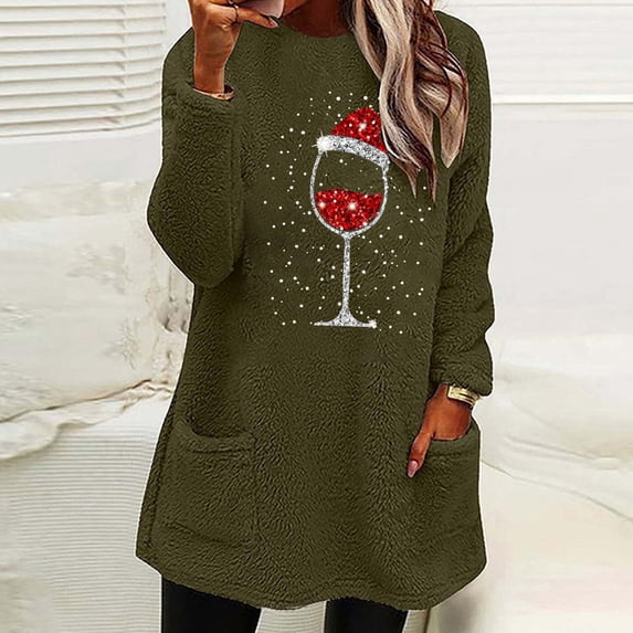 JURANMO Women's Thickened Velvet Shirts,2024 Fall Winter Women Casual Trendy Thickened Plush Thermal Underwear Loose Cute Pattern Printed Classic Round Neck Pullover Tops with Pockets