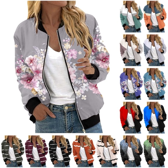 JURANMO Women's Trendy Stripe Print Flight Jackets Fall Winter Casual Full Zip Long Sleeve Bomber Jacket Outdoor Lightweight Outwear with Pockets Black S Sales Today Clearance