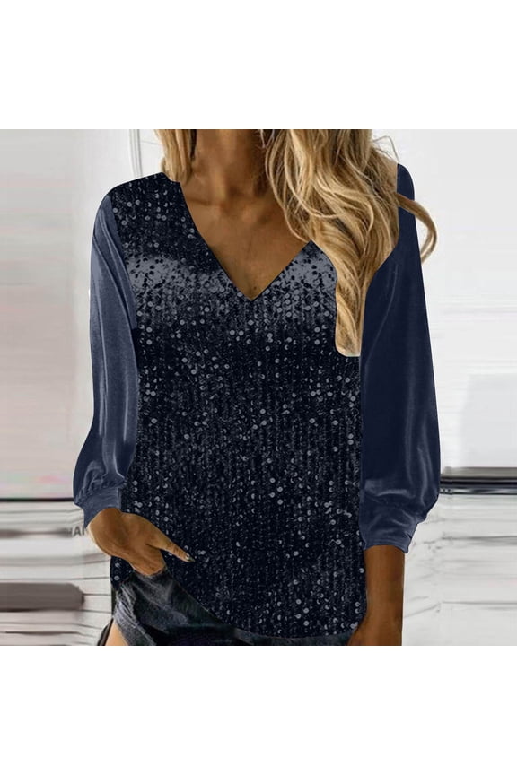Women's V Neck Tunic Tops Velvet Sequin Long Sleeve Dressy Casual Blouse Loose Fit Fall Fashion Tee Shirts Cocktail Holiday Clothes Navy L
