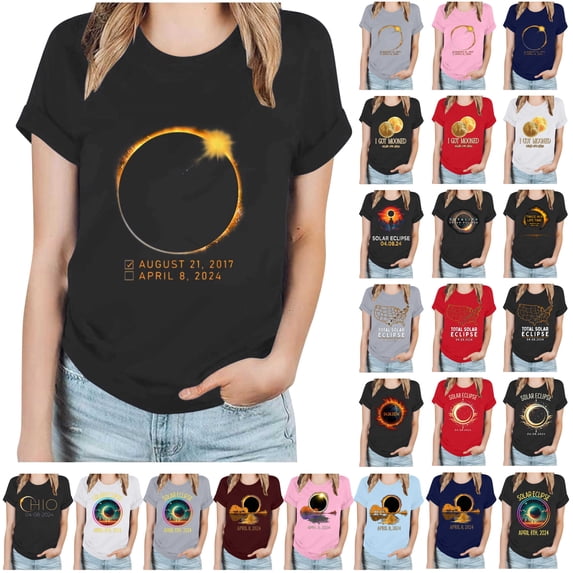 JURANMO Womens 2024 Total Solar Eclipse Souvenir T Shirt Novelty Graphic Tee Short Sleeve Crewneck Tops Lightning Deals Today Red XXXL