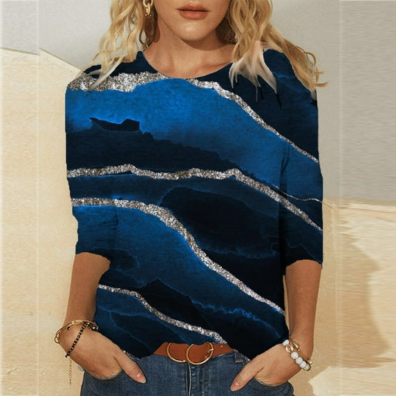 JURANMO Womens 3/4 Sleeve Blouses for Women Dressy Casual Marble Print Tops Crewneck Loose Summer Cute Shirts Pullover 2024