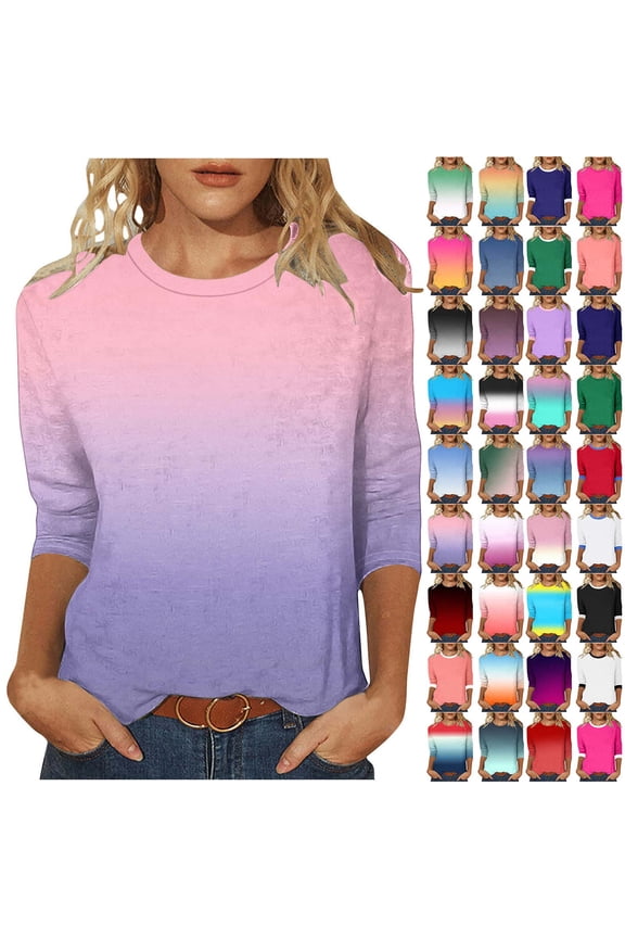 Womens 3/4 Sleeve Tops Casual Dressy Round Neck Blouses Fashion Gradient Graphic Tee Shirts Summer Vacation Cute Tshirts Prime Today Pink S