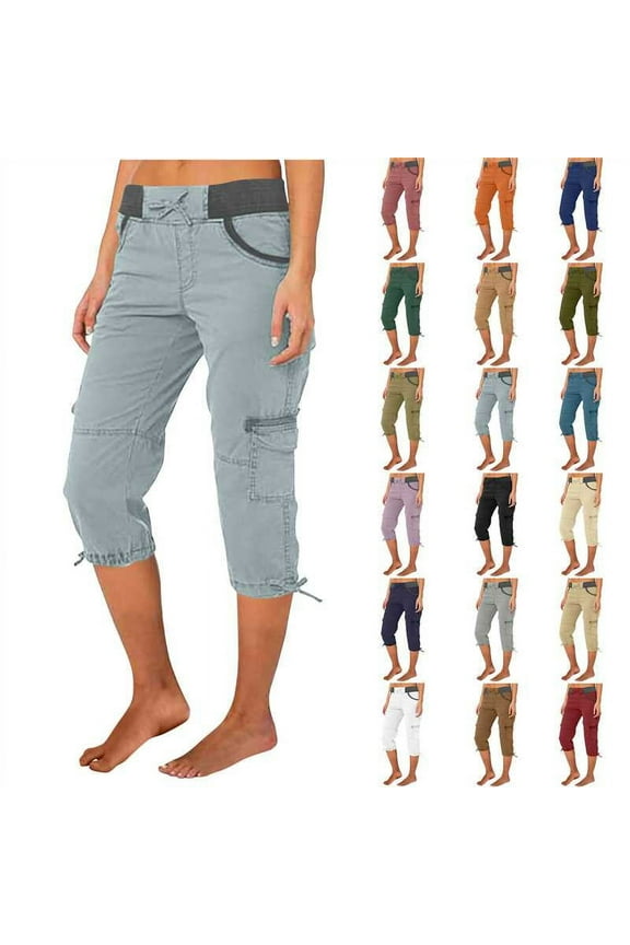 Womens Capris for Summer Lightweight Outdoor Cargo Hiking Pants Solid Casual Drawstring Athletic Capri Pants with Pockets Beige XXL Holiday Sales