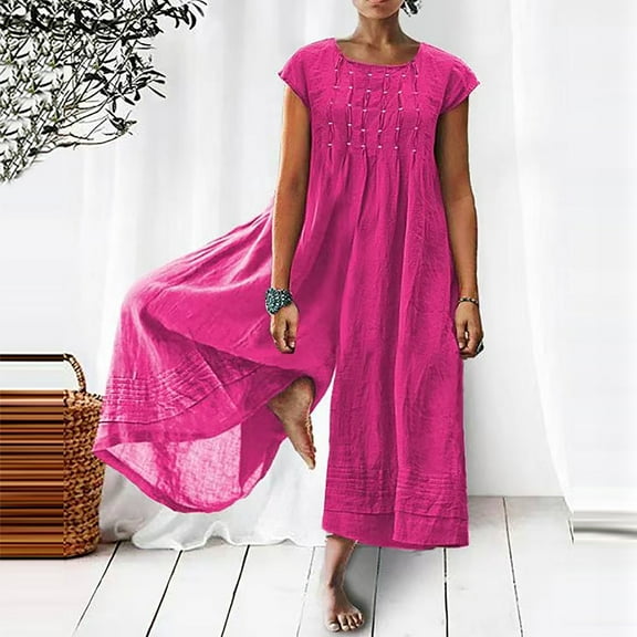 JURANMO Womens Casual Bib Overalls Loose Baggy Wide Leg Linen Jumpsuit,2024 Fall Winter Women Casual Solid Color Trendy Short Sleeve Suit Classic Round Neck Romper Long Playsuit Jumpsuit Lightweight